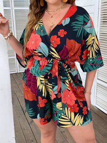 SHEIN LUNE Plus Tropical Print Surplice Neck Batwing Sleeve Belted Romper - Multicolor - View 3