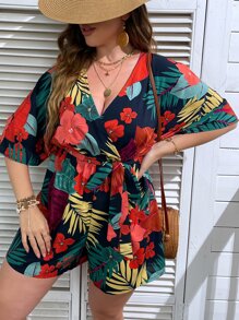 SHEIN LUNE Plus Tropical Print Surplice Neck Batwing Sleeve Belted Romper - Multicolor - View 4