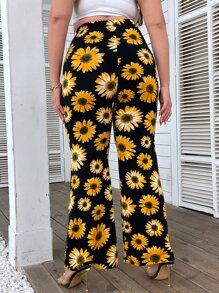 SHEIN Holidaya Plus Sunflower Print Flare Leg Trousers - Multicolor - View 2