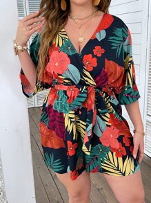 SHEIN LUNE Plus Tropical Print Surplice Neck Batwing Sleeve Belted Romper - Multicolor - View 5
