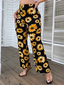 SHEIN Holidaya Plus Sunflower Print Flare Leg Trousers - Multicolor - View 3