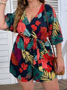 SHEIN LUNE Plus Tropical Print Surplice Neck Batwing Sleeve Belted Romper - Multicolor - View 6