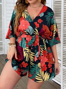 SHEIN LUNE Plus Tropical Print Surplice Neck Batwing Sleeve Belted Romper - Multicolor - View 7