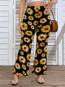 SHEIN Holidaya Plus Sunflower Print Flare Leg Trousers - Multicolor - View 4