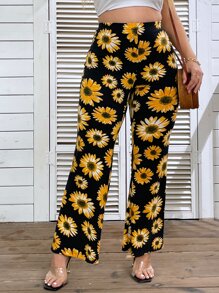 SHEIN Holidaya Plus Sunflower Print Flare Leg Trousers - Multicolor - View 5