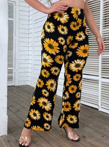 SHEIN Holidaya Plus Sunflower Print Flare Leg Trousers - Multicolor - View 6