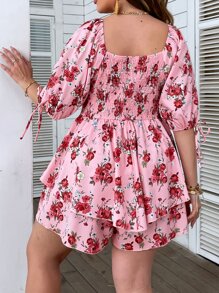 SHEIN Clasi Mono con estampado floral de cuello cuadrado de manga farol pecho con fruncido