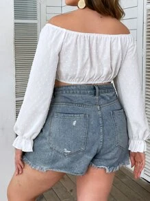 Celure Plus Off Shoulder Flounce Sleeve Swiss Dot Crop Top - White - View 2