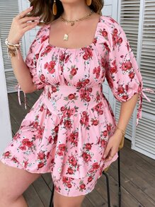 SHEIN Clasi Mono con estampado floral de cuello cuadrado de manga farol pecho con fruncido