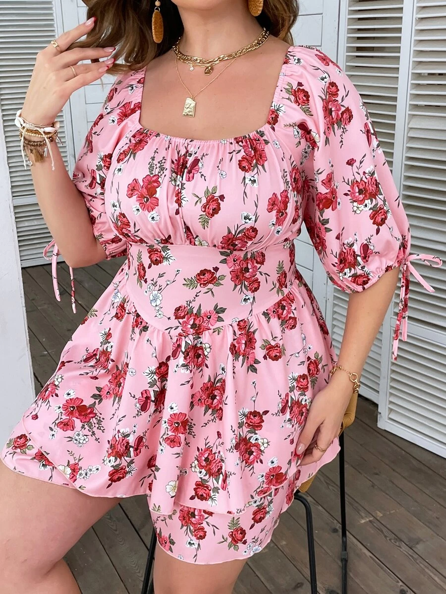 SHEIN Clasi Mono con estampado floral de cuello cuadrado de manga farol pecho con fruncido