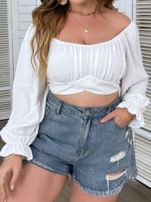 Celure Plus Off Shoulder Flounce Sleeve Swiss Dot Crop Top - White - View 4