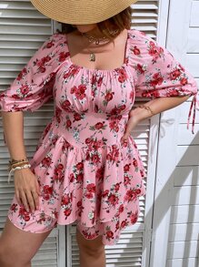 SHEIN Clasi Mono con estampado floral de cuello cuadrado de manga farol pecho con fruncido