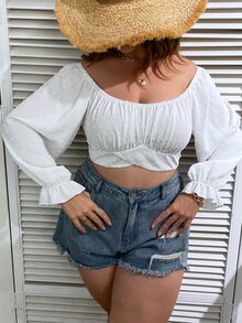 Celure Plus Off Shoulder Flounce Sleeve Swiss Dot Crop Top - White - View 8