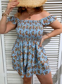 SHEIN Holidaya Plus Allover Floral Print Off Shoulder Ruffle Trim Romper - Multicolor - View 1