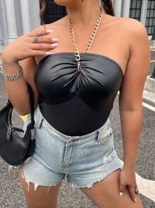 SHEIN BAE Plus Chain Detail Ruched Bustier Halter Neck Backless Bodysuit - Black - View 1