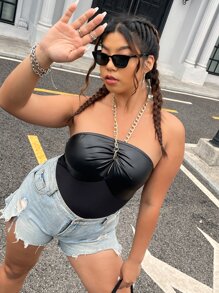 SHEIN BAE Plus Chain Detail Ruched Bustier Halter Neck Backless Bodysuit - Black - View 3