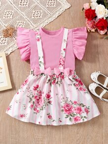 Toddler Girls Ruffle Trim Tee & Floral Print Bow Front Pinafore Skirt - Multicolor - View 1