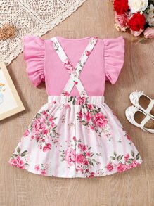 Toddler Girls Ruffle Trim Tee & Floral Print Bow Front Pinafore Skirt - Multicolor - View 2