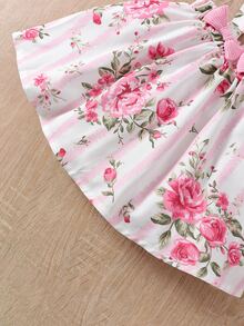 Toddler Girls Ruffle Trim Tee & Floral Print Bow Front Pinafore Skirt - Multicolor - View 3