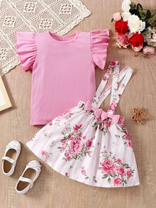 Toddler Girls Ruffle Trim Tee & Floral Print Bow Front Pinafore Skirt - Multicolor - View 5