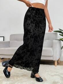 SHEIN EZwear 印花木耳邊網紗半身裙