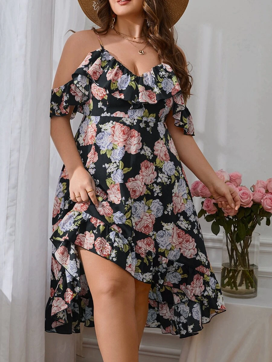 SHEIN VCAY 大碼印花挖肩高低下擺洋裝 - 彩色 - 查看 1