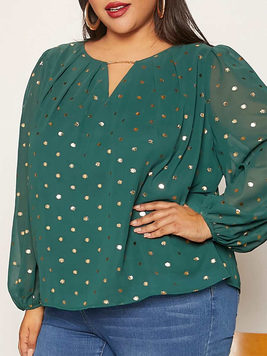 SHEIN CURVE+ Plus Gold Print Keyhole Neck Blouse - Green - View 1