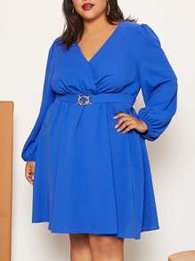 SHEIN CURVE+ Plus Lantern Sleeve Buckled Detail Wrap Hem Dress - Blue - View 1