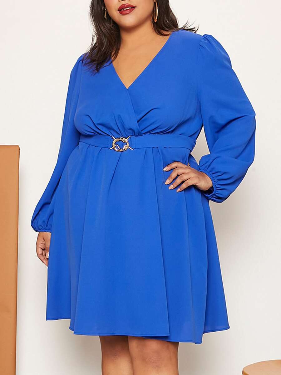 SHEIN CURVE+ Plus Lantern Sleeve Buckled Detail Wrap Hem Dress - Blue - View 1