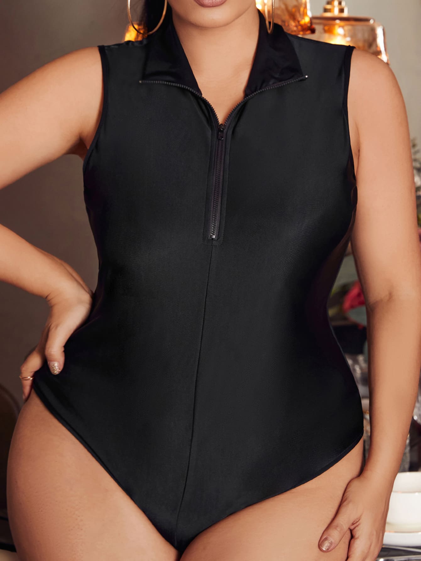 SHEIN SXY Plus Solid Half Zip Bodysuit - Black - View 1
