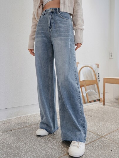 High Waist Slant Pocket Raw Cut Jeans