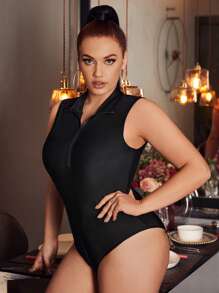 SHEIN SXY Plus Solid Half Zip Bodysuit - Black - View 4