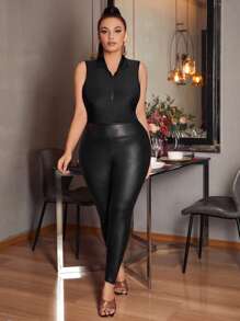 SHEIN SXY Plus Solid Half Zip Bodysuit - Black - View 6