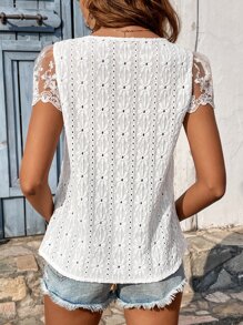 SHEIN Frenchy Contrast Lace Puff Sleeve Blouse - White - View 2