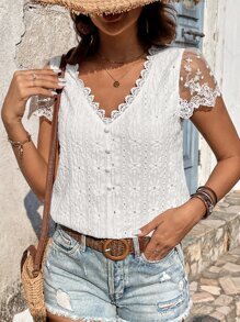 SHEIN Frenchy Contrast Lace Puff Sleeve Blouse - White - View 7