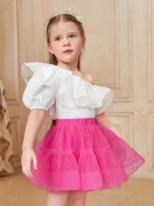 SHEIN Young Girl One Shoulder Ruffle Trim Puff Sleeve Blouse - White - View 1