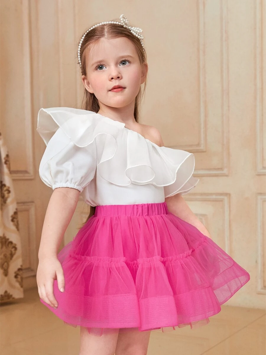 SHEIN Young Girl One Shoulder Ruffle Trim Puff Sleeve Blouse - White - View 1