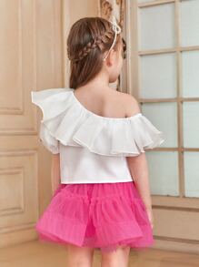 SHEIN Young Girl One Shoulder Ruffle Trim Puff Sleeve Blouse - White - View 2