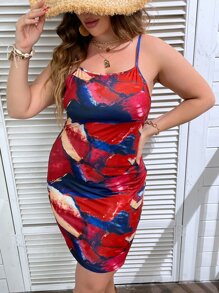 SHEIN LUNE Plus Brush Print Cami Dress - Multicolor - View 1