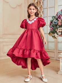 SHEIN 女孩貼花泡泡袖高低下擺連衣裙 - 紅色 - 查看 2