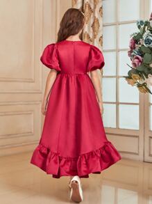 SHEIN 女孩貼花泡泡袖高低下擺連衣裙 - 紅色 - 查看 3