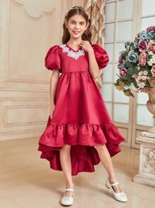 SHEIN 女孩貼花泡泡袖高低下擺連衣裙 - 紅色 - 查看 1