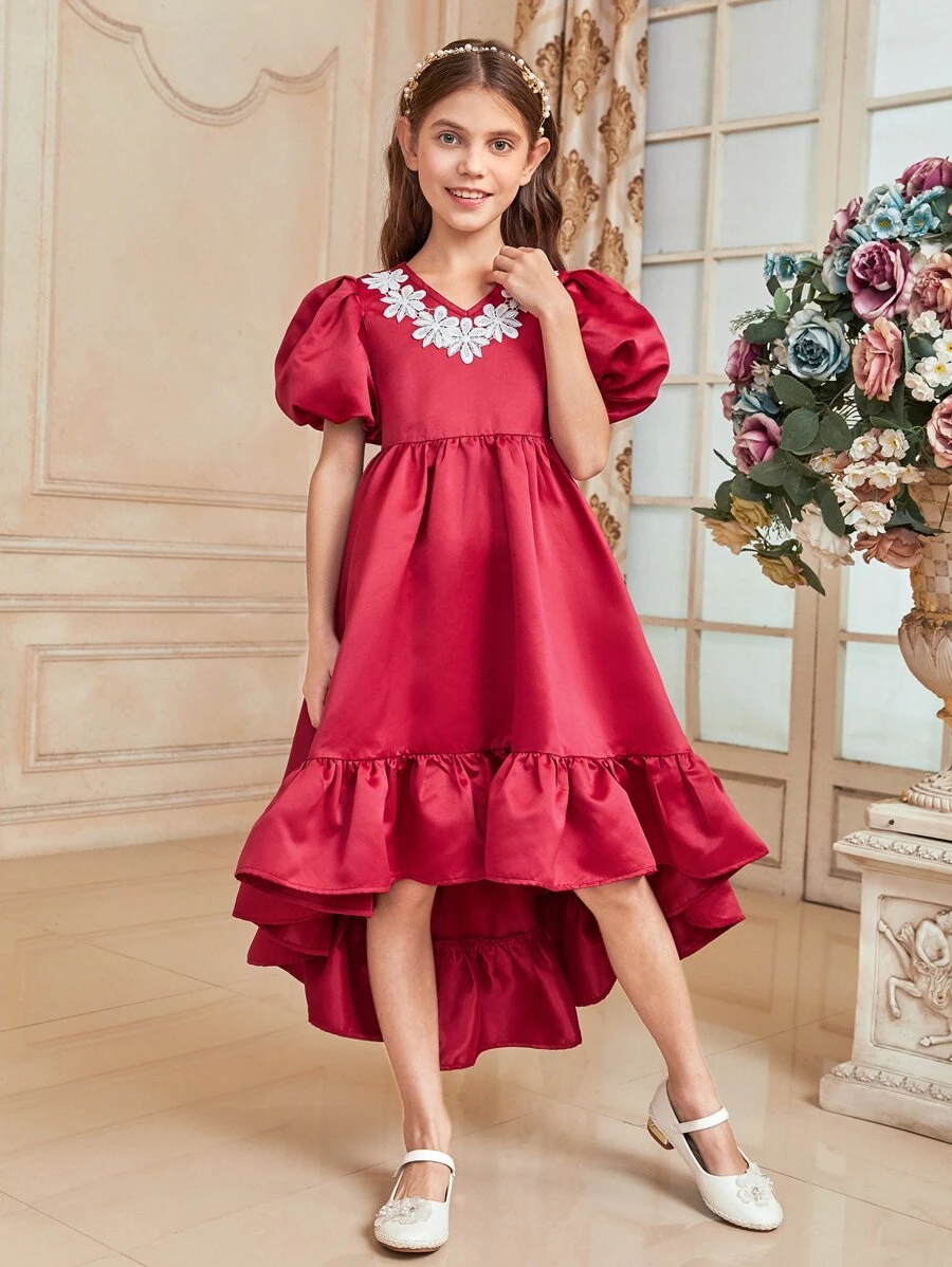 SHEIN 女孩貼花泡泡袖高低下擺連衣裙 - 紅色 - 查看 1