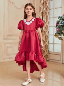 SHEIN 女孩貼花泡泡袖高低下擺連衣裙 - 紅色 - 查看 4