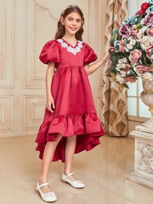 SHEIN 女孩貼花泡泡袖高低下擺連衣裙 - 紅色 - 查看 5