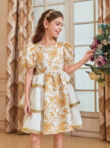 SHEIN 女孩1入組印花泡泡袖洋裝 - 彩色 - 查看 1