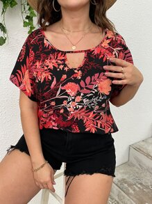 SHEIN LUNE Plus Floral Print Keyhole Neck Dolman Sleeve Blouse - Multicolor - View 1