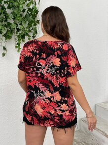 SHEIN LUNE Plus Floral Print Keyhole Neck Dolman Sleeve Blouse - Multicolor - View 2