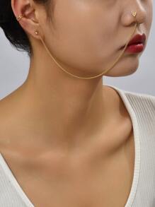 1pc Heart Decor Stud Earring & 1pc Ear Cuff - Yellow Gold - View 1