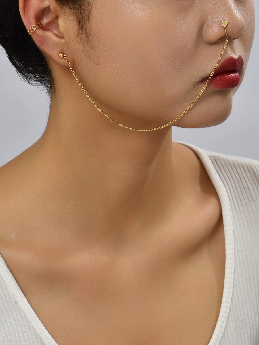 1pc Heart Decor Stud Earring & 1pc Ear Cuff - Yellow Gold - View 1